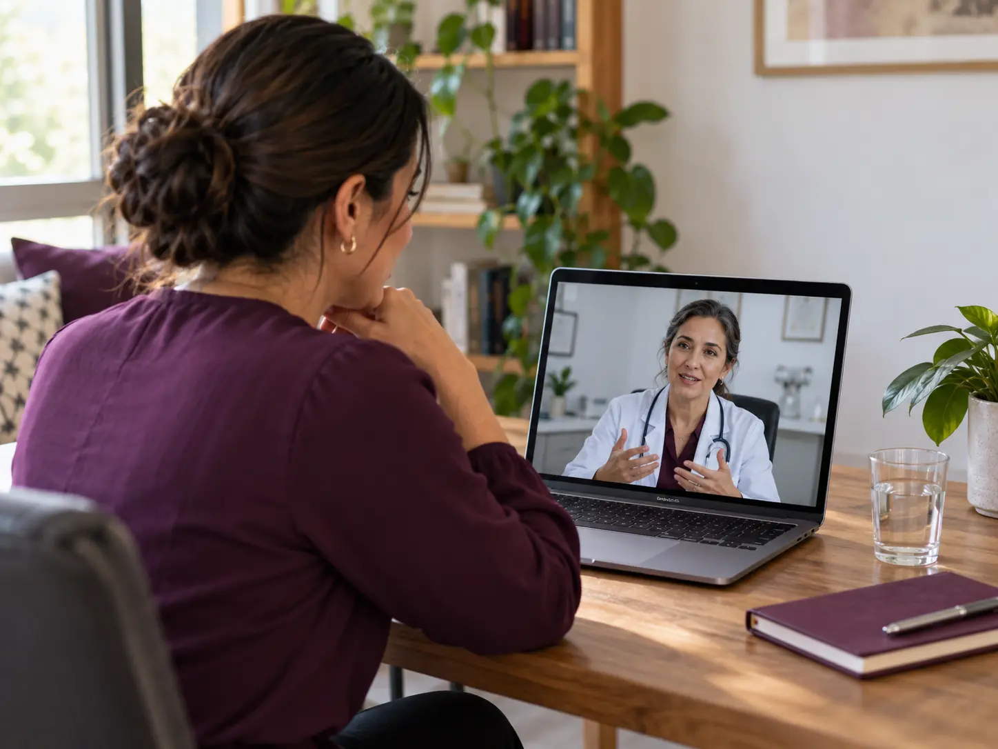 Imagen ilustrativa de una mujer que conversa con una médica por videollamada desde casa.